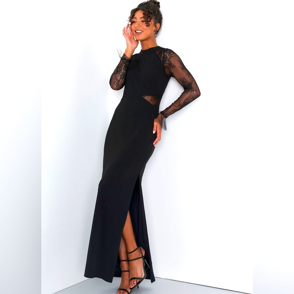 NWOT Lulu’s Bragging Rights Black Lace Long Sleeve Cutout Column Sexy Maxi Dress - Picture 5 of 12